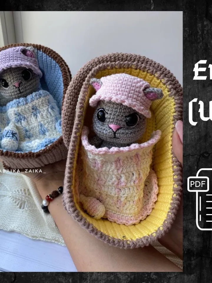 PDF Crochet Pattern Baby Cat in a Basket, Amigurumi cat pattern, Crochet Kitty, Cute cat, Animal pattern, Amigurumi animal, Crochet animal
