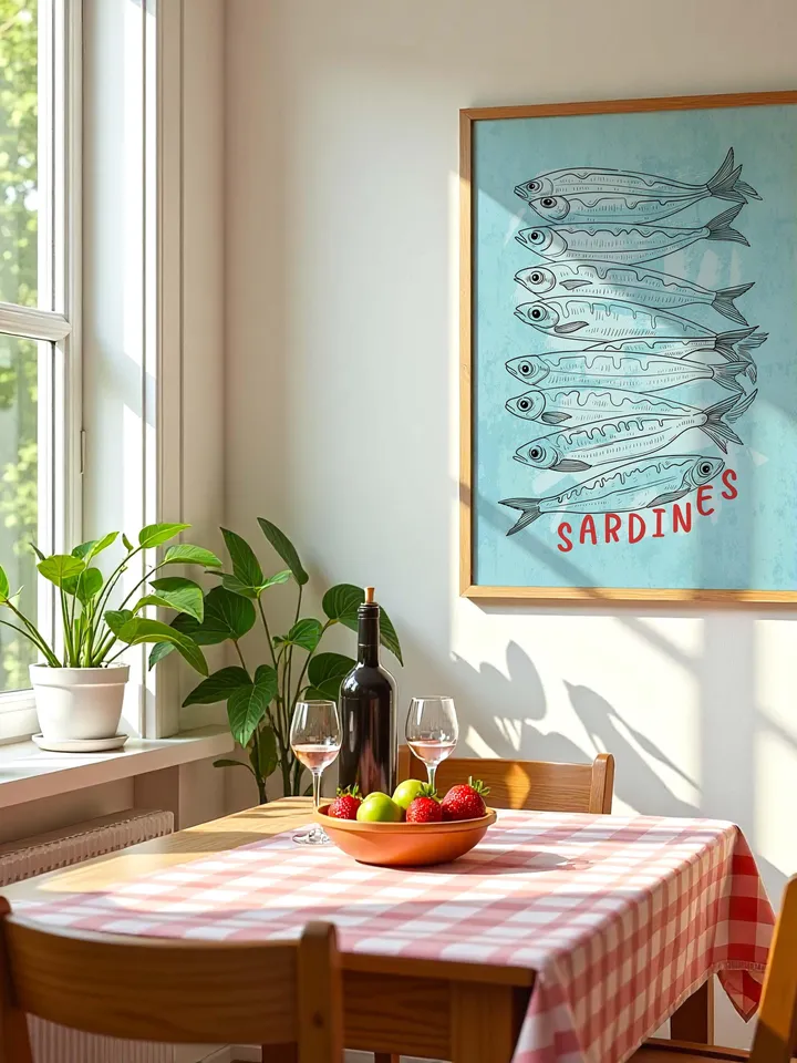 Sardine Wall Art, Sardines Tin Fish Poster, Colorful Kitchen Print, Maximalist Home Decor, Vintage Style Digital Artwork, Retro Sardine Art