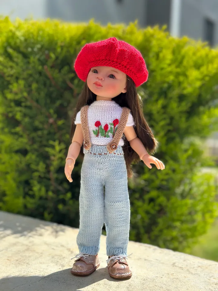 5 ITEMS Set: Cardigan, T-Shirt, Beret, Jeans, Shoes - Exclusive Handmade Outfit - Paola Reina Doll