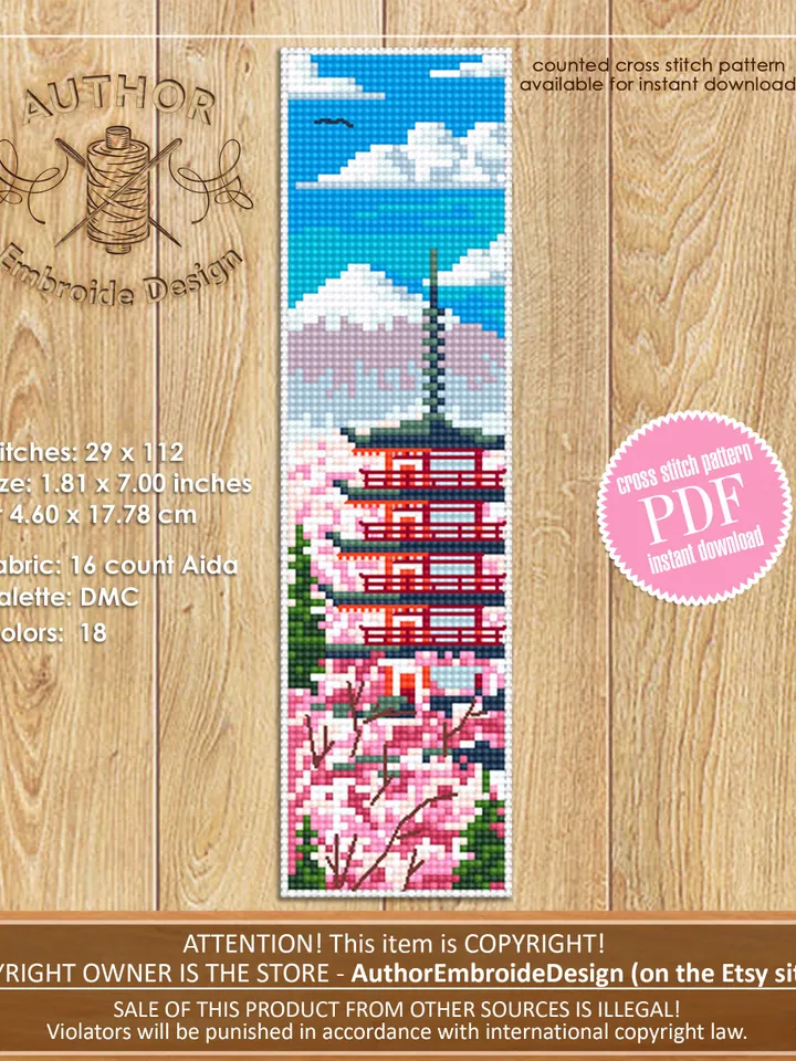 Spring bookmark cross stitch pattern PDF download Japanese pagoda cross stitch chart, Digital bookmark pattern PDF, Mount fuji, Sakura #B167