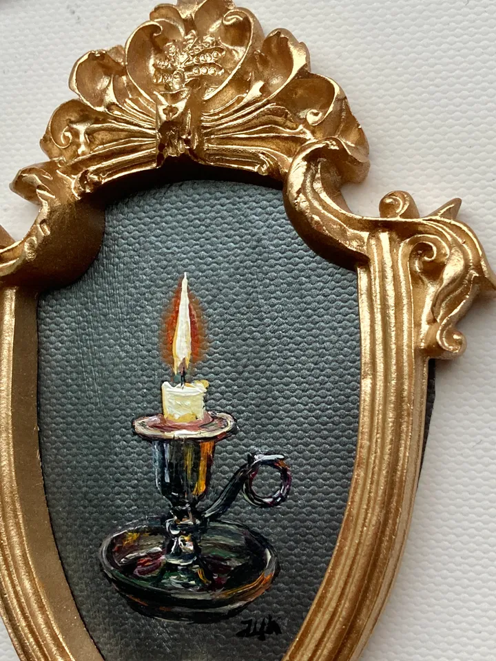 Candle Oil Painting Original In Vintage Style Frame Small Framed Still Life Art