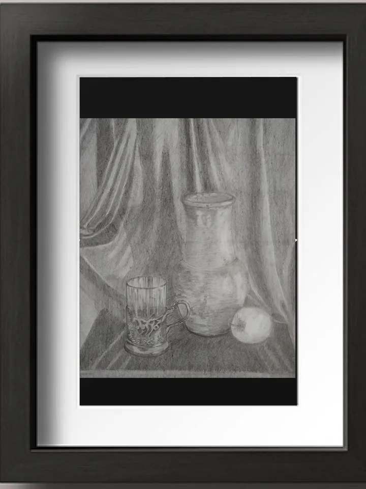 Still life pencil drawing coaster apple fabric vintage paper 12x8 inches