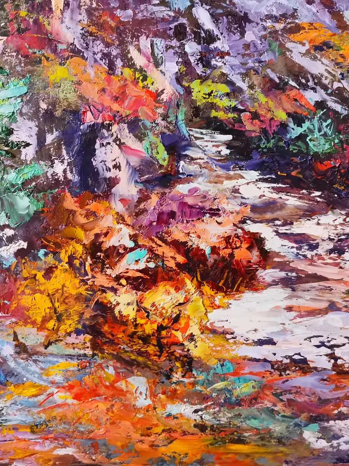 Trees Mountains Path Trail Original Art Oil Painting Abstract Artist Svinar Oksana