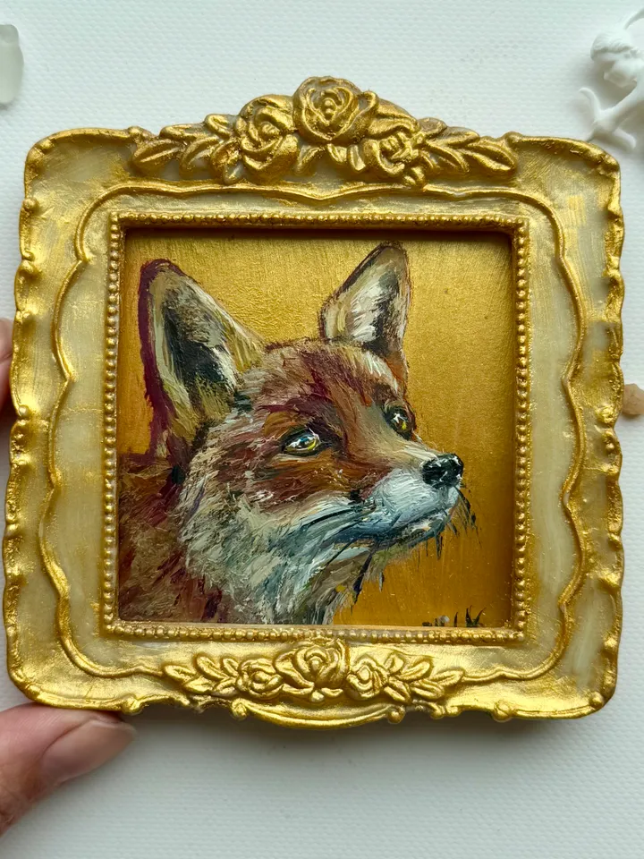 Fox Oil Painting Original In Vintage Style Frame Small Framed Animals Wildlife Art
