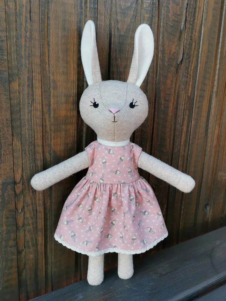 Beige bunny girl, handmade stuffed doll, fabric plush rabbit toy, wool animal doll