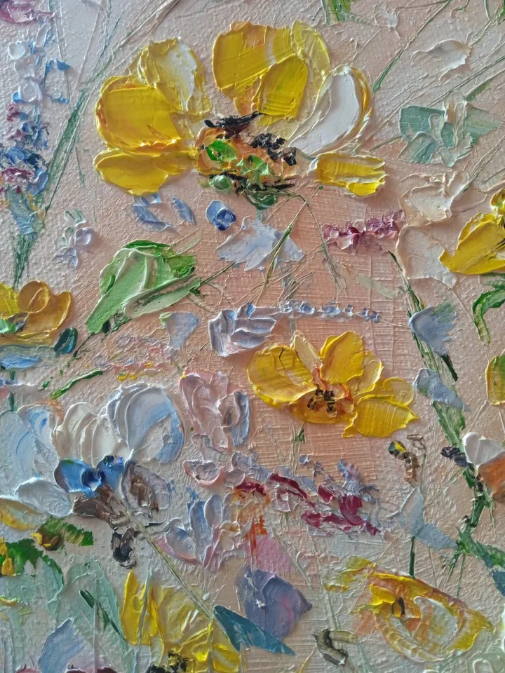 Oil painting on round canvas with "Tender Flowers" 12x12 inches.