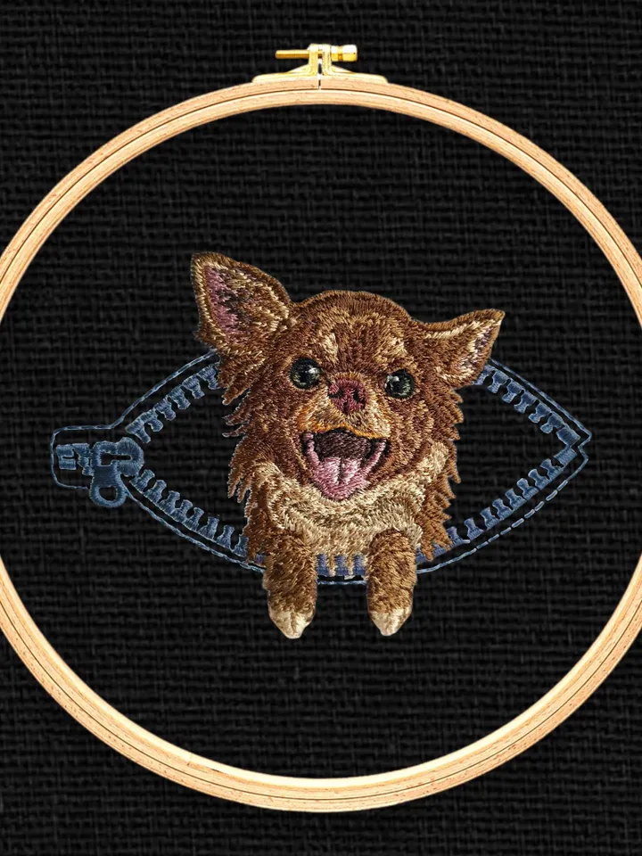 Chihuahua in a zipper pocket Miniature realistic machine embroidery design Pet design Dog realistic pattern Chihuahua embroidery pattern