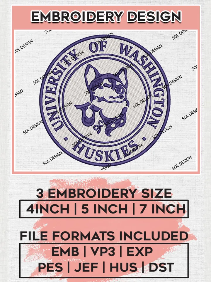 Washington Huskies Team Round Logo Embroidery Design Files, NCAA Washington Huskies Machine Embroidery, NCAA Teams, 3 sizes, NCAA Machine embroidery designs, Digital Download