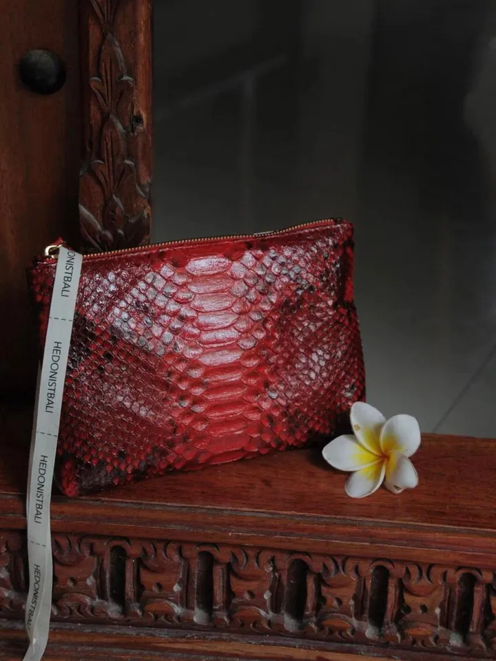 Genuine python skin red cosmetic bag/ Purse Insert Organizer/ Bag Insert For Tote Bag/ exotic leather wallet / small snake skin clutch