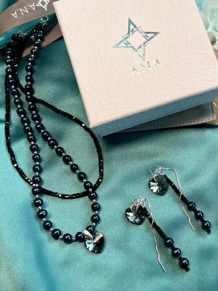 Pearl Silver 925 Jewelry Set Necklace Earrings BLACK HEART