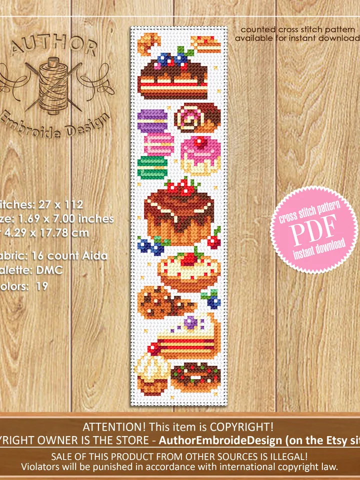 Food bookmark set cross stitch pattern PDF download Fast food cross stitch chart, Bookmark pattern digital PDF, Coffee time Desserts #B238