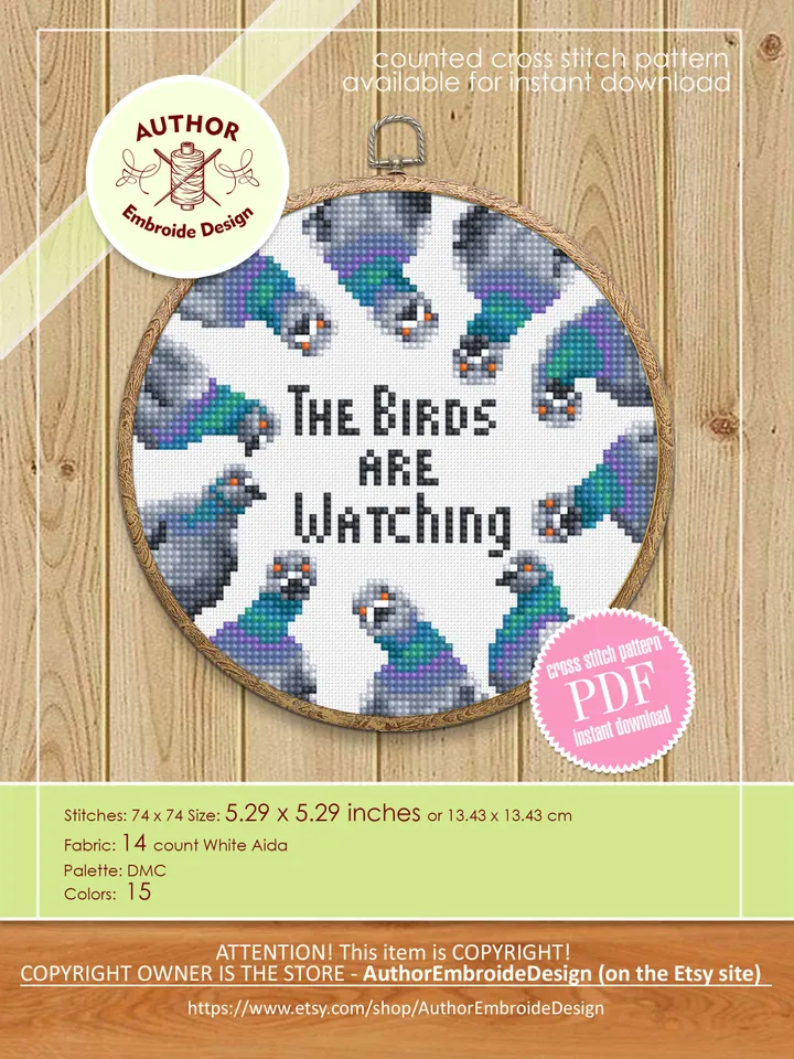Funny pigeons cross stitch pattern PDF download Cross stitch quote The birds are watching, Small modern cross stitch chart Pigeon gifts #Q60