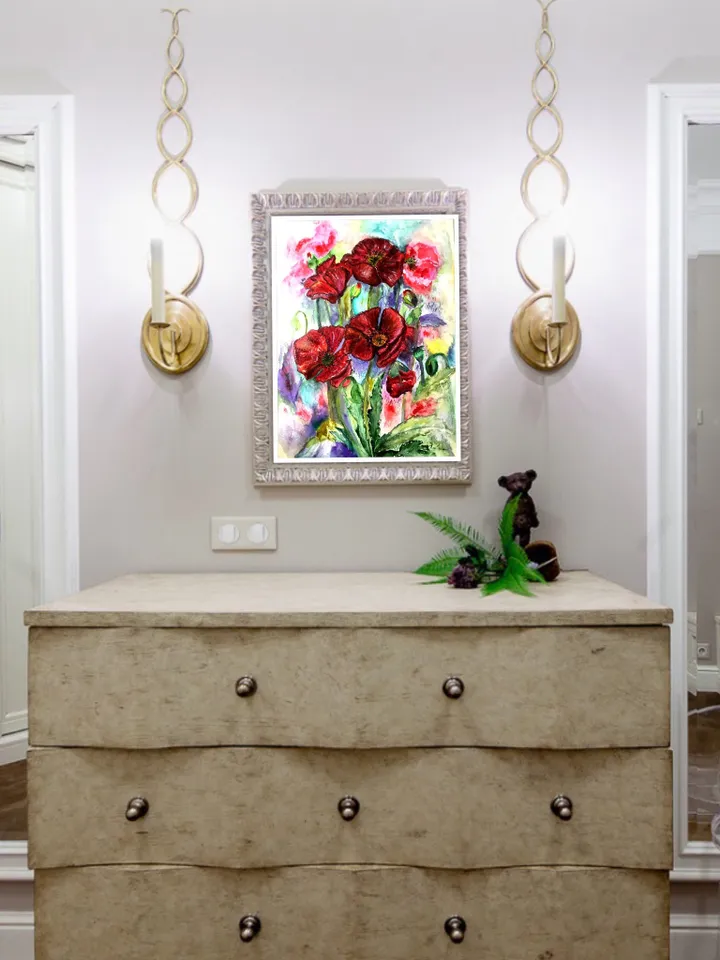 Poppies painting.Bright red flowers on abstract background ,watercolour original painting,framed.Gift for her.