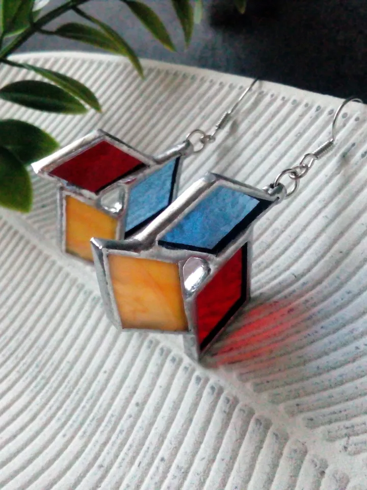Origami stained glass earrrings - geometric handmade tiffany earrrings