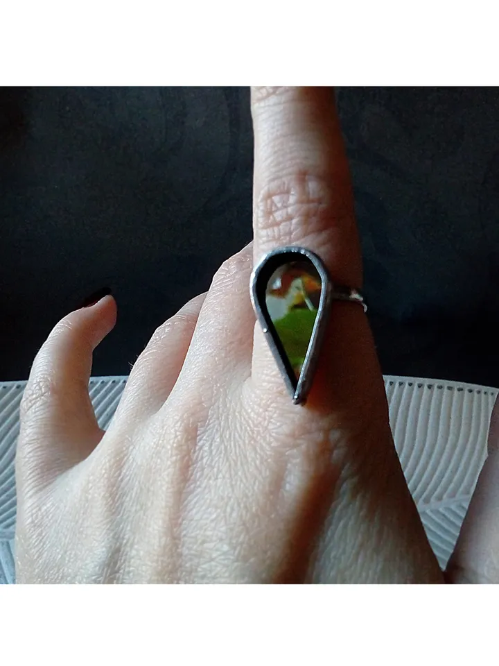 Mirror teardrop ring, Halloween ring, witchy aesthetic, protection ring, tin soldered glass ring, stained glass ring