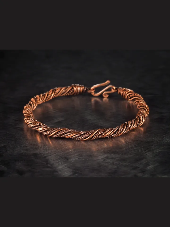 Unique wire wrapped narrow copper bracelet Healing handcrafted art jewelry for husband or wife 7th 22nd Wedding Anniversary gift idea Unique pure copper wire wrapped jewelry Antique style Handmade statement artisan jewellery Healing copper therapy bracele