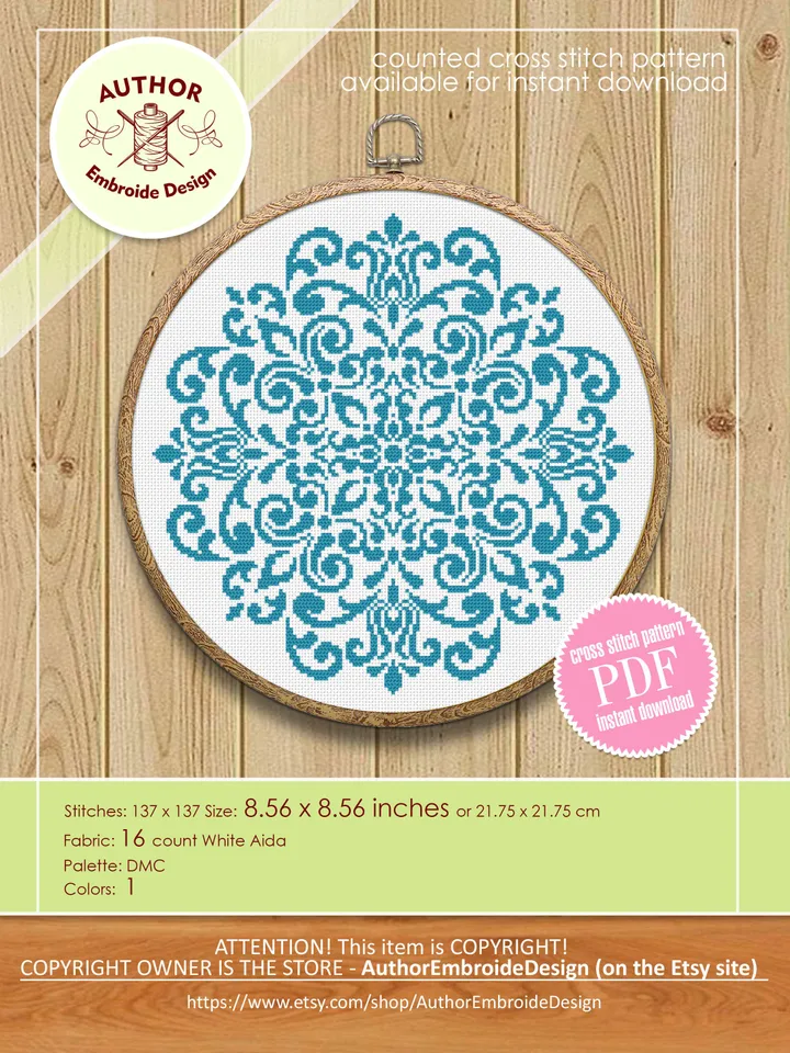 Mandala cross stitch pattern PDF download Simple mandala digital PDF, Monochrome cross stitch chart, Easy mandala ornament, Home decor #M204