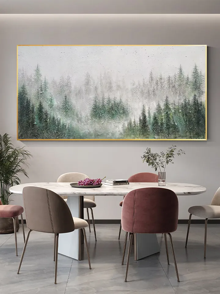 Misty Forest Painting, Textured Landscape Art, Green Forest Wall Art, 3D Canvas Art, Nature Wall Decor, Serene Forest Scene, Panoramic Art
