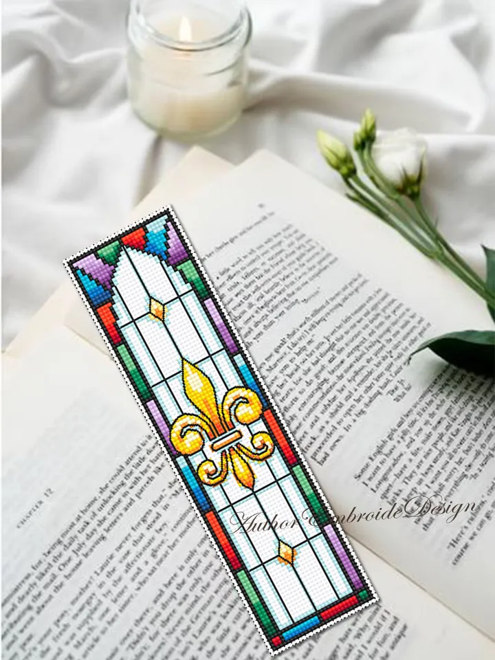 Stained glass bookmark cross stitch pattern PDF download Stained glass flower cross stitch, Fleur de lis Bookmark pattern digital PDF #B299