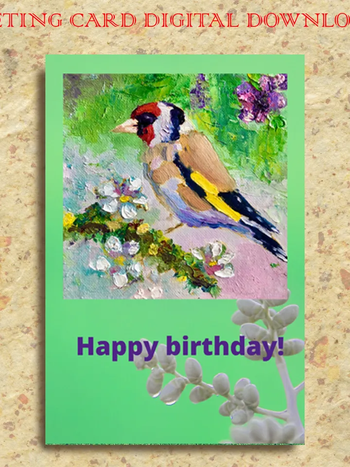 Happy Birthday Greeting Card, Goldfinch Postcard, Instant Digital Download, Bird E-Card