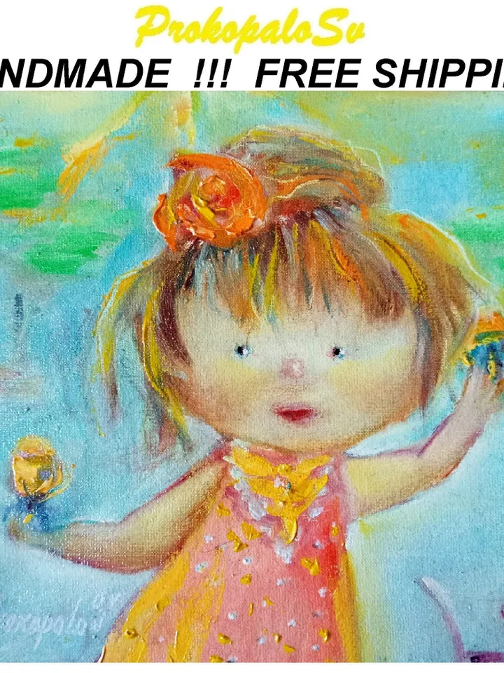 Girl Portrait Painting Impasto Painting Angel Portrait Original Art Naive Style Wall Art Nursery Decor Gift by ArtProkopaloSv