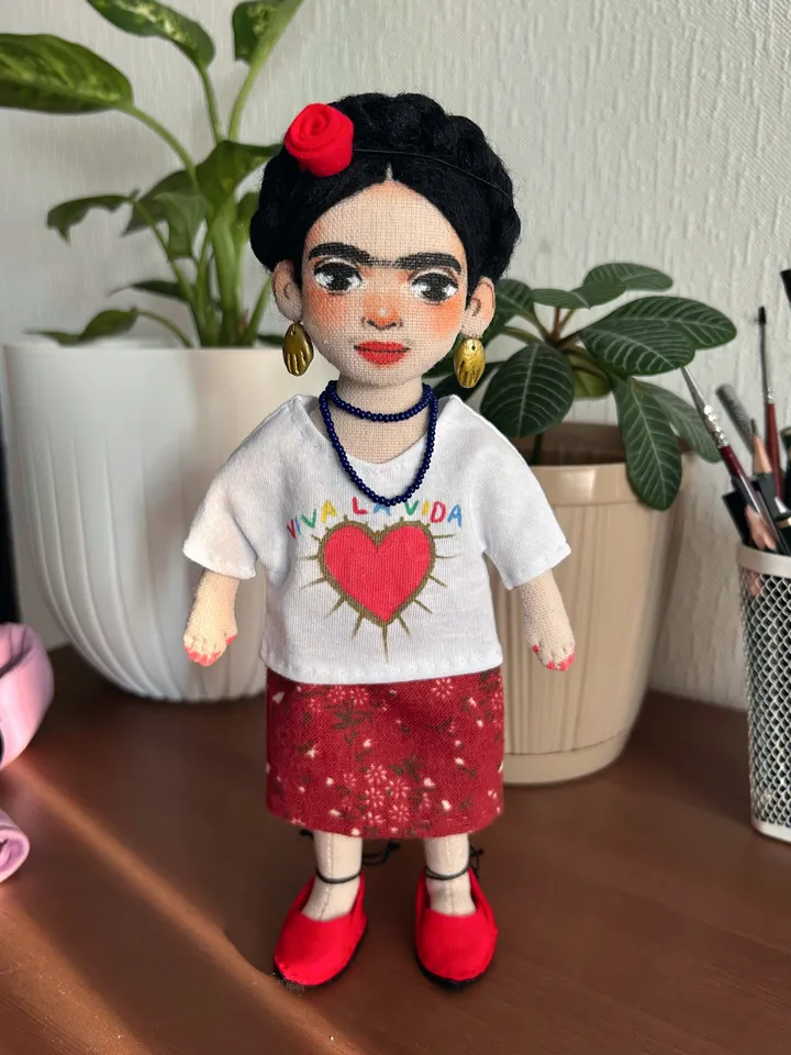 Textile art doll inspired by Frida Kahlo