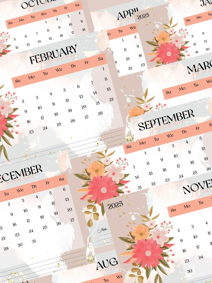 Printable 2025 Calendar, Monthly and Yearly Floral Calendar, A4 PDF & JPEG Files, Digital Wall Calendar, Modern Home Office Decor, New Year