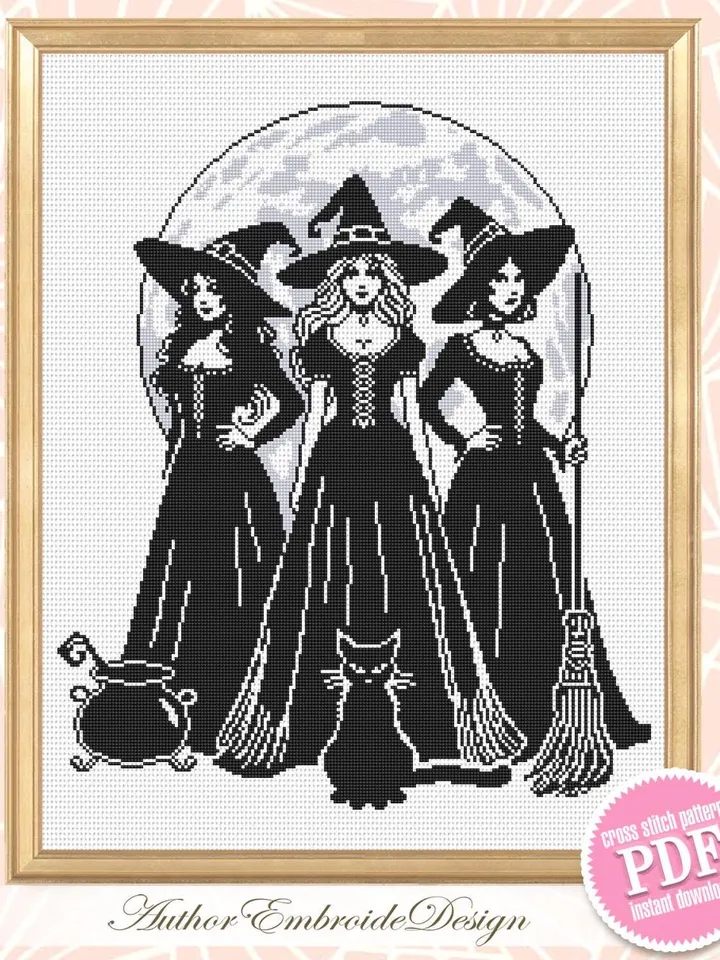Halloween witches cross stitch pattern PDF download Witchy cross stitch chart, Witch pattern digital PDF, Full moon, Witch embroidery #H84
