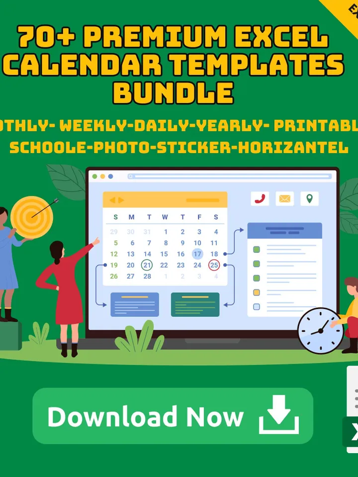 Calendar Excel Bundle Template, Monthly Weekly Daily Yearly Planner, Printable School Photo Sticker, Horizontal Calendar Spreadsheet