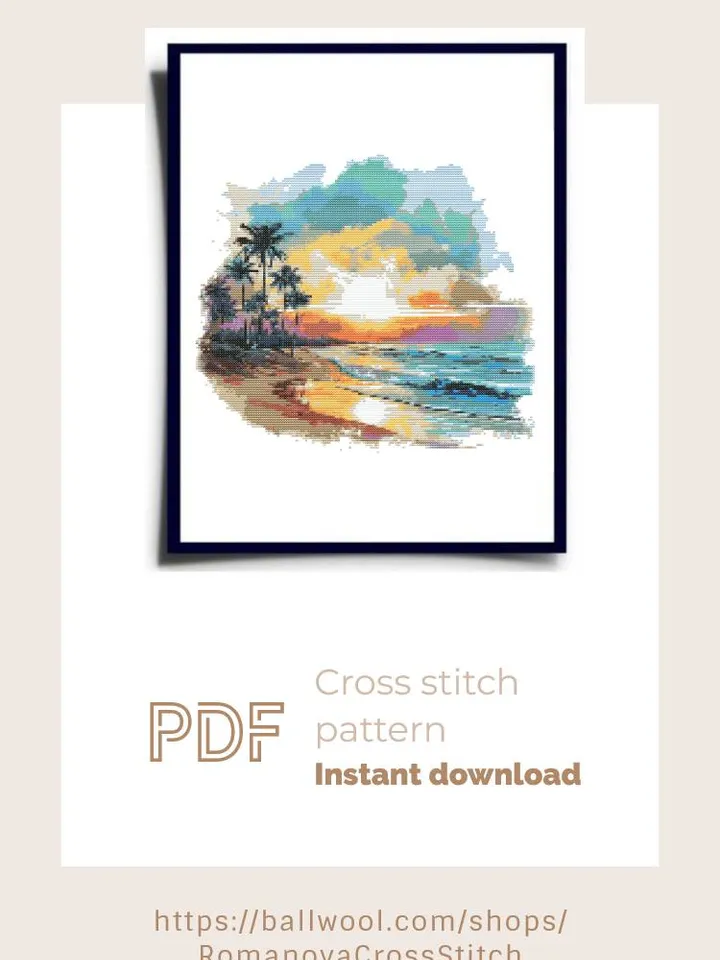 Tropical beach cross stitch PDF pattern, Watercolor landscape embroidery design, Instant download