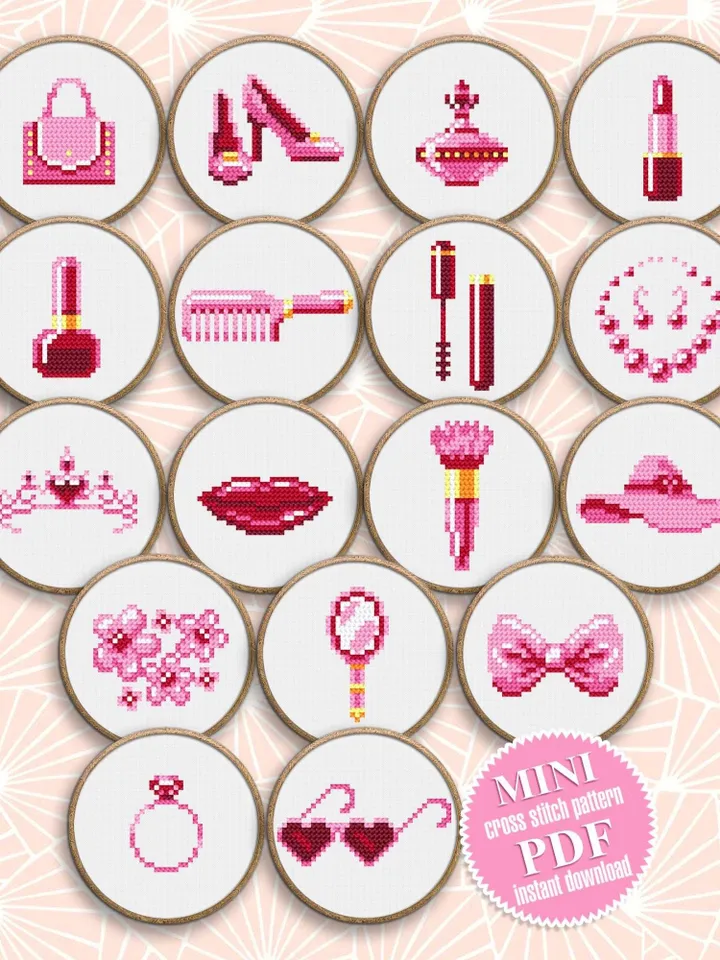 Set of 17 women accessories cross stitch pattern PDF download Mini female cross stitch chart Small fashion pattern digital PDF for girl #O23
