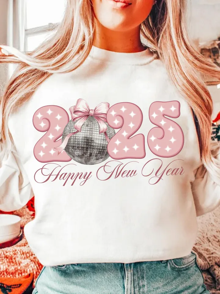 Happy New Year 2025 Png, Disco Ball New Year's PNG, Retro Happy New Year Sublimation, Trending Disco Ball, Pink Bow New Year Sublimination