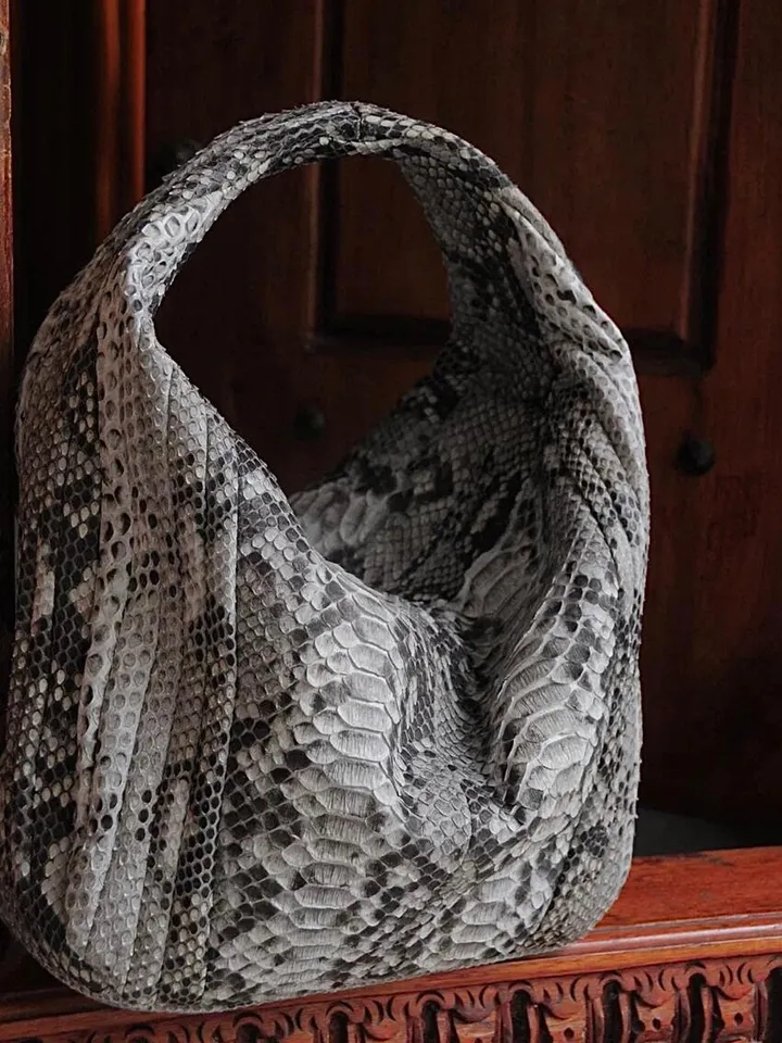 Big Soft Hobo Classy Sport Woman Stitched Bag | Purse Genuine Python Skin | Gray Big Elegant Leather Designer Soft Bag Snake | reptile hobo