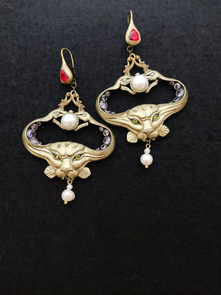 Custom Art Nouveau Symbolist earrings crowned with two snakes