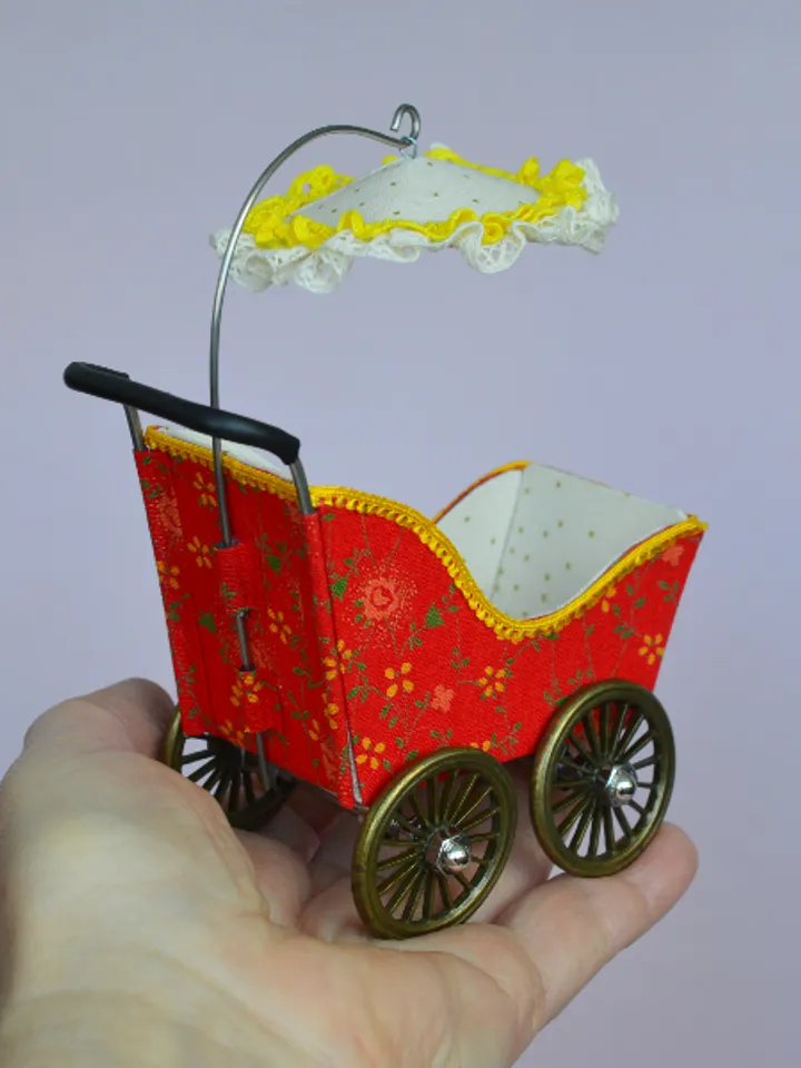 Miniature toy stroller for a little doll. Handmade miniature stroller for small dolls. Stroller for dolls 2,76"(7 cm.)
