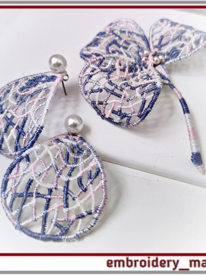 In The Hoop set original FSL brooch and earrings fancy shape Machine embroidery design