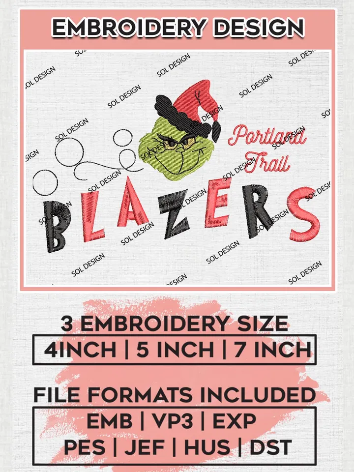 Grinch Portland Trail Blazers Embroidery Designs, Grinch Christmas Embroidery Files, NBA Portland Trail Blazers Machine Embroidery Designs, NBA Blazers Logo, NBA Christmas Machine Embroidery Design, Digital Download