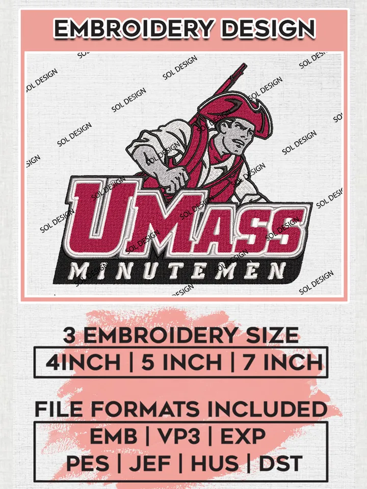 Umass Minutemen College Football Team Logo Embroidery Design Files, NCAA Massachusetts Minutemen Machine Embroidery, NCAA Teams, 3 sizes, NCAA Machine embroidery designs, Digital Download