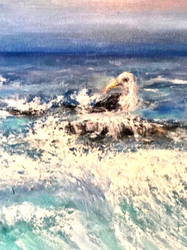 Seascape and a seagull oil painting hand made,waves,stones and a beach.Stretched canvas. Size 50/70 sm,27.5/19.6 inches.