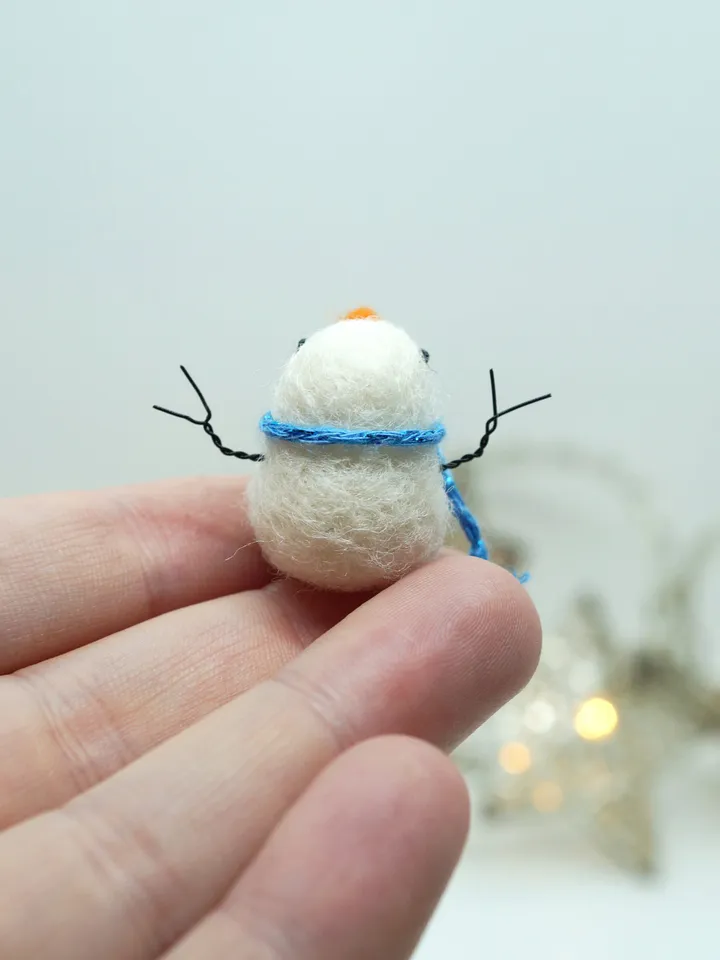 Miniature needle felted snowman in a blue scarf, made to order