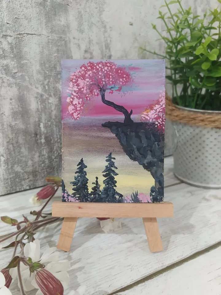 ACEO 8, Sakura on a Cliff, 2.5*3.5 inches (6.5*9 cm), oil