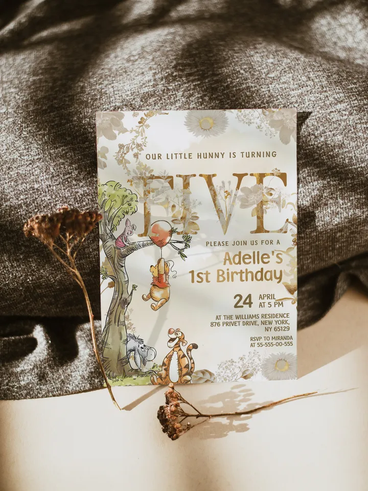 5th Birthday Winnie the Pooh Inspired ; Classic Winnie Pooh Invitations; Neutral Winnie Pooh Turning five; Winnie Pooh Birthday Party poom88