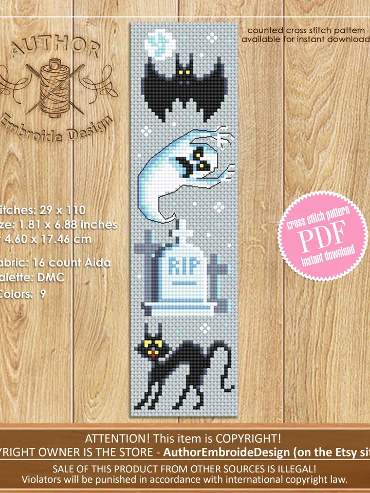 Halloween bookmark cross stitch pattern PDF download Ghost cross stitch chart, Handmade bookmark pattern digital, Black cat embroidery #B219