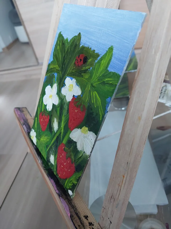 Oil Painting Strawberry Summer Berries Flowers Nature Wall Decor Miniature Cardboard 15x10 cm 6x4 inches In a frame