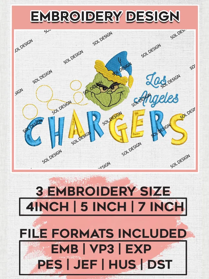 Christmas Grinch Los Angeles Chargers Embroidery Designs, Grinch Embroidery Files, NFL Chargers Machine Embroidery Designs, NFL Los Angeles Chargers Logo, NFL Christmas Machine Embroidery Design, Digital Download