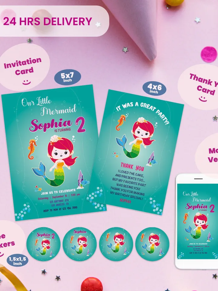 Personalized Digital Birthday Invitation, Mermaid Party Bundle, Kids Birthday Invitation Bundle, Birthday Invite Set, Mermaid Party Set