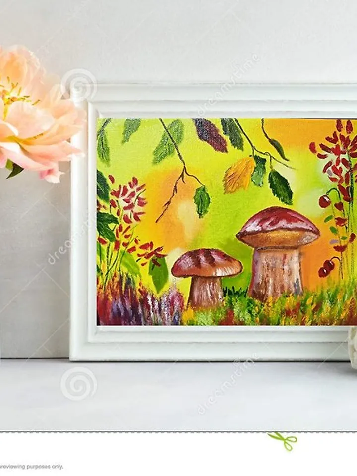 Autumn Landscape Mushroom Art Decor for Children Original Oil Painting Bright