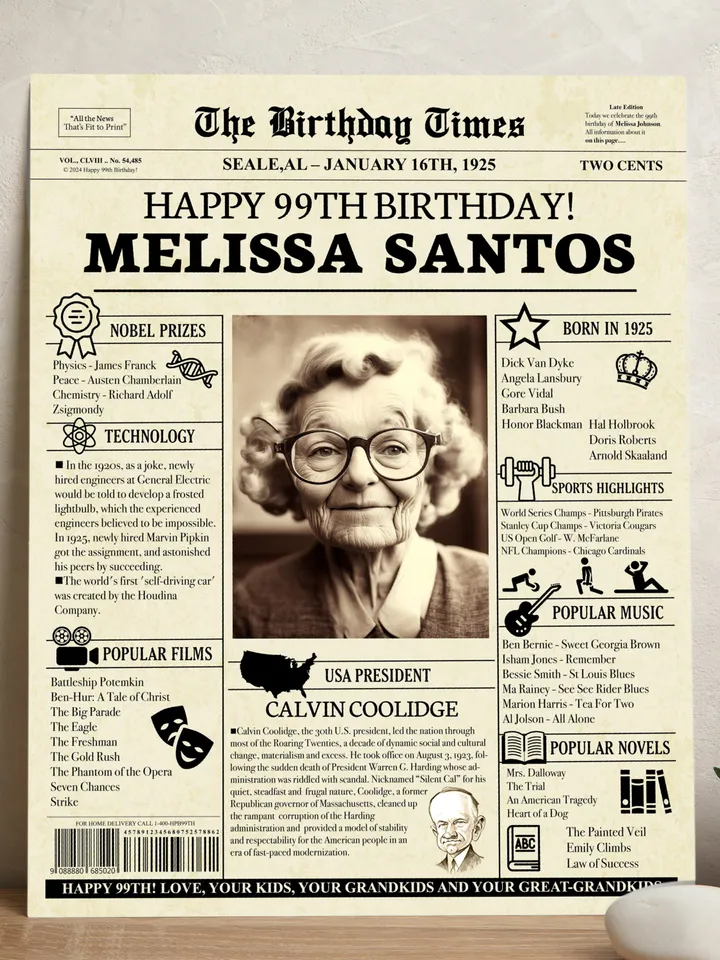 99th birthday gift for her, 99th birthday newspaper poster, 1925 birthday poster, grandma birthday gift, birthday gift for grandma