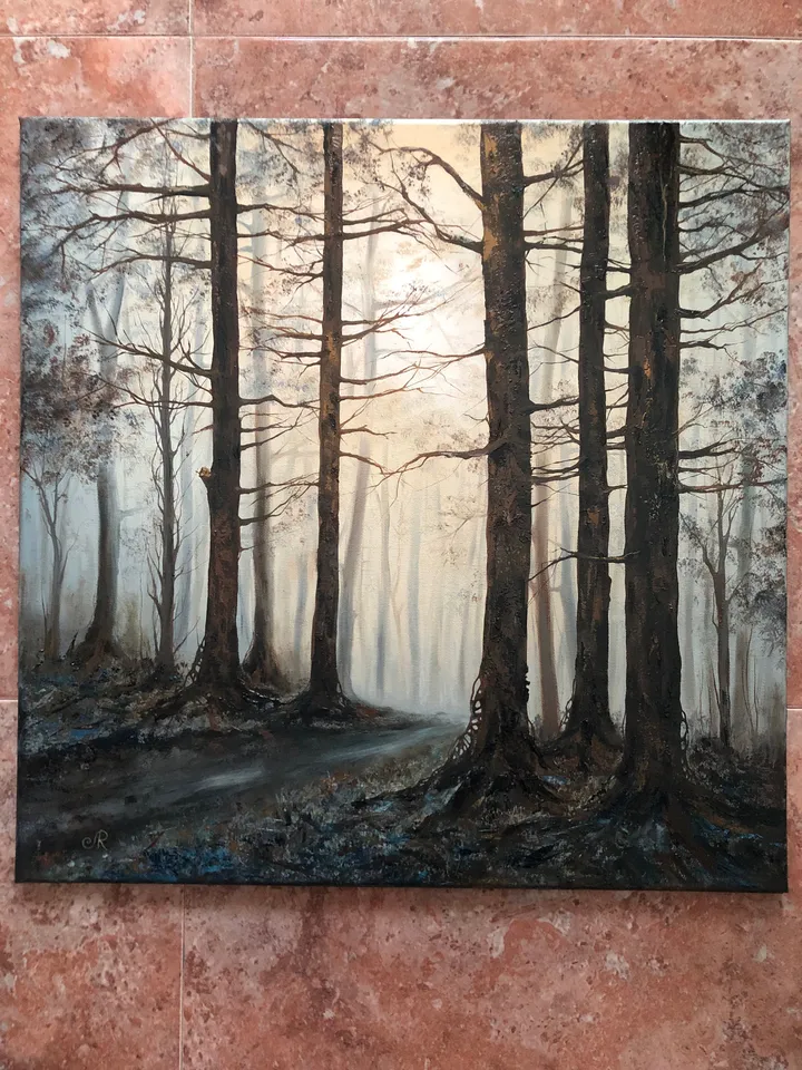 Forest Painting Original Foggy Forest Wall Art Landscape Artwork Canvas Misty Forest Painting