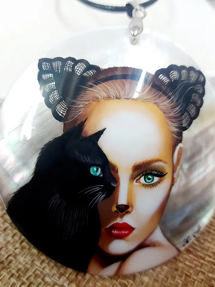 Pearl pendant necklace: Catwoman with Green Eyes and black Cat on handmade jewelry pendant • Statement dainty necklace for evening dress